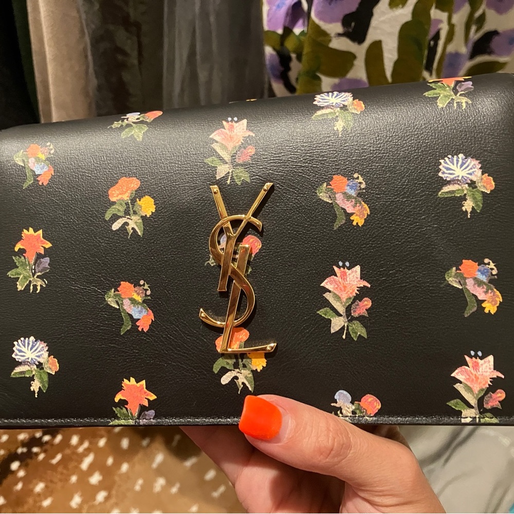 YSL Saint Laurent monogram prairie flower clutch black and multi colored